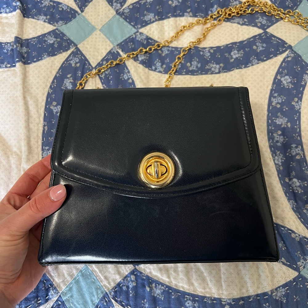 Nordstrom Navy Leather Shoulder Bag with Gold Accents